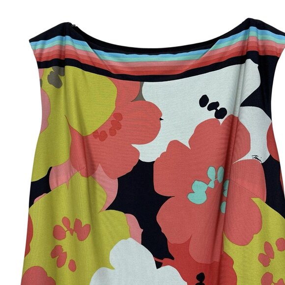 Trina Turk 60s Mod Floral Print Boat Neck Stretch Dress Black Peach Aqua Size 2 - Picture 3 of 9